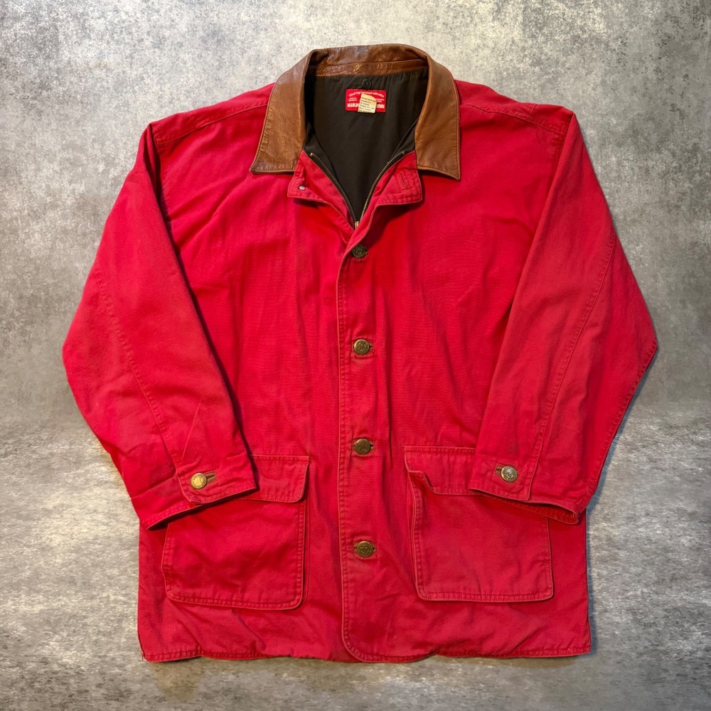 Vtg 90s Marlboro Country Store Red Canvas Barn Jacket Leather Collar Men XL Coat